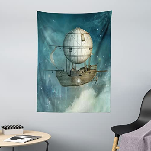 ABAKUHAUS Steampunk Wandteppich, futuristisch Airship aus Weiches Mikrofaser Stoff Waschbar ohne Verblassen Digitaldruck, 110 x 150 cm,Blau Tan