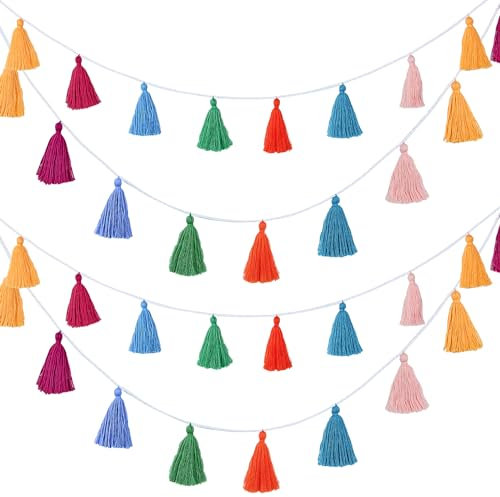 WILLBOND 4 Packungen Baumwolle Quaste Girlande Bunte Quaste Banner Dekorative Wand Hängend für zu Hause Dekoration Hochzeit Geburtstag Baby Dusche Party Bedarf