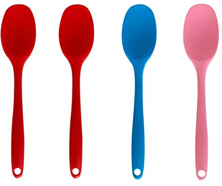 4 Pieces Silicone Mixing Spoon Non-Stick Serving Spoon One Piece Design Silicone Spoon Used for Mixing, Baking, Serving and Stirring (Red, Blue, Pink)