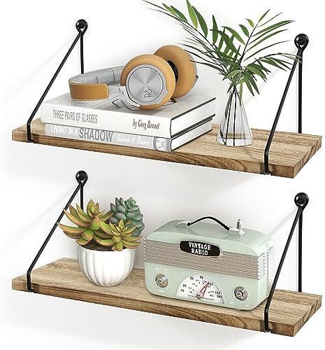 SUMGAR Rustic Floating Shelves Wood Wall Mounted Shelf for Kitchen Bathroom Bedroom Living Room Set of 2 Home Office Display Storage and Organisation Unit Decorative Accessories Easy to Hang