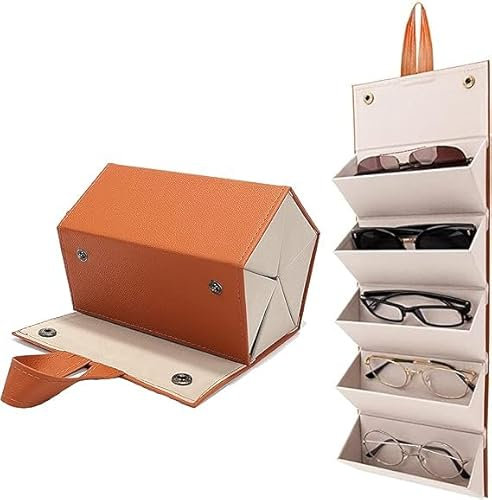 JIAMIAN Scatola Portaoggetti per Occhiali, 5 Slots Foldable Multiple PU Leather Sunglasses Eyeglasses Travel Organizer Case, Occhiali Display Scatola, per Donna Uomo (marrone)