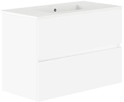 Baikal, Conjunto de baño Natura. Mueble de Baño de Fondo Reducido, con Lavabo cerámico. Distribución Dos Cajones. Mueble MONTADO. Dos Cajones sin Espejo. Fondo 39cm 90 cm Blanco