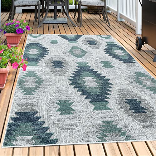 Carpetsale24 Outdoor Teppich Modern, Kelim Berber Muster 3D Optik, Rechteckig, Grau mit blauen Mustern, Hoch-Tief Effekt, Wetterfest, für Balkon, Garten, Terasse, Küche, Größe: 200 x 290 cm