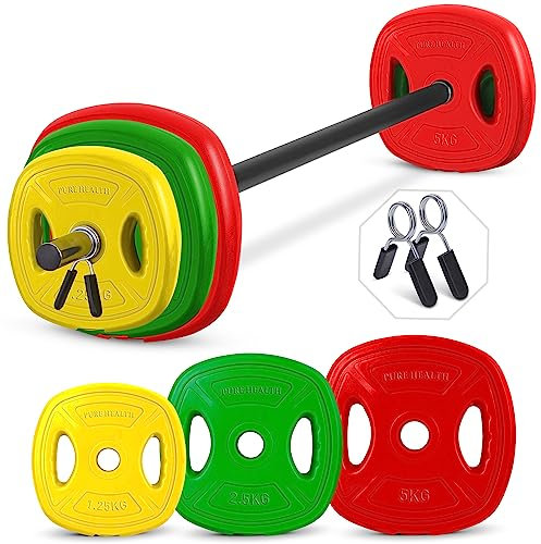 Pure Health Adjustable 20kg 30kg 40kg Barbell Weights Set - Ideal Studio Pump Weights - Barbell Set for Home Exercise - Barbell & Weights - Strength Training Equipment Commercial (20.0), Multi Color