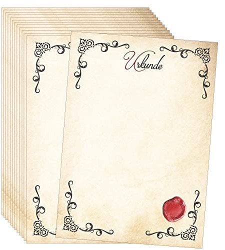 20 Blatt Zertifikatspapier Vintage Stil mit gedrucktem Wachssiegel Siegel DIN A4 weiß 120g starkes Papier