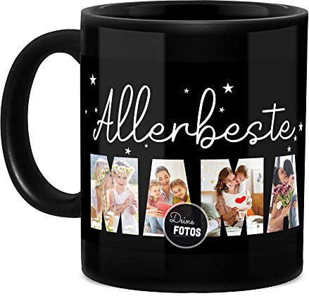 Tassendruck Schwarze Tasse mit Spruch - Allerbeste Mama - zum selbst gestalten mit Foto-Collage für 4 Fotos, Geschenke für Mama, Geburtstagsgeschenk Mama, Muttertag | 300 ml, personalisiertes Geschenk