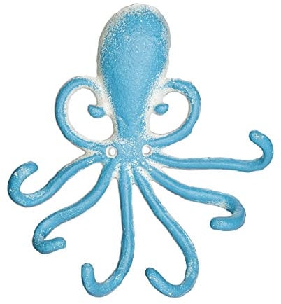 Relaxdays Attaccapanni da Parete, 6 Ganci, Design Polpo, 16,5x15,5x4 cm, Appendiabiti in Ghisa, Ingresso, Azzurro Bianco