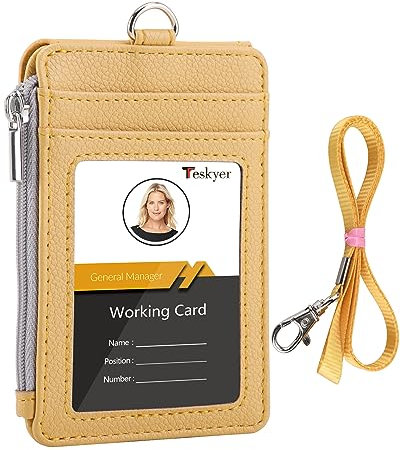 Teskyer Porte Badge tour de Cou, Portefeuilles de Carte de Crédit Minces, Porte Carte avec Poche à Glissière, 1 Fenêtre d’Identification, peut Contenir Jusqu’à 4 Cartes, Cuir PU, Jaune