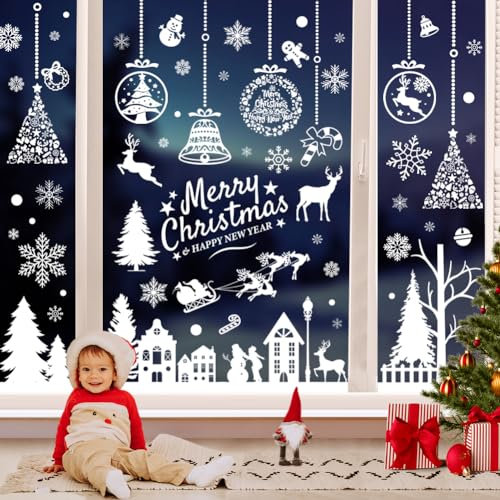 197 Fensterbilder Weihnachten Selbstklebend, Weihnachtsfenster Bilder Weihnachtsdeko Fenster Deko, Weiß Schneeflocken Fenstersticker Weihnachten Weihnachts Fensterbilder, Fensterbild Weihnachten Groß