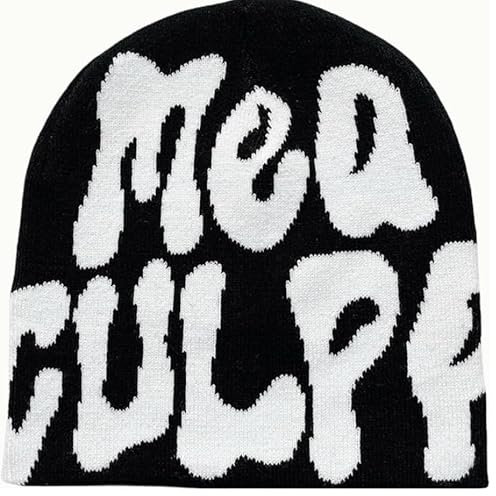 COTBENN Y2k MEA Culpa Graphic Beanies Mütze, Wolle, Acryl, Strick, Totenkopfkappe, Winter, warm, Streetwear, Hüte für Damen, Herren, Jugendliche, Schwarz Weiß, Einheitsgröße-M