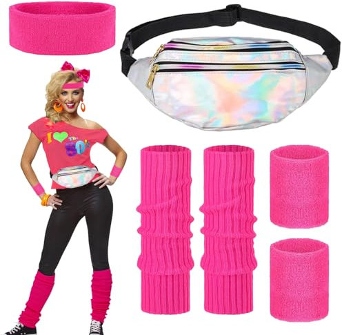 80er Jahre Outfit Damen, 90er Jahre Outfit Damen, 80er Jahre Accessoires,90er Jahre Accessoires Kleidung,Aerobic Outfit Kostüm mit Bauchtasche,Stirnband,Beinwärmer,Retro Neonrosa Fasching Karneval