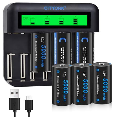 CITYORK 6-Pack 5000mAh Ni-MH C Rechargeable Batteries with 8 Slot Battery Charger for AA/AAA/C/D Battery