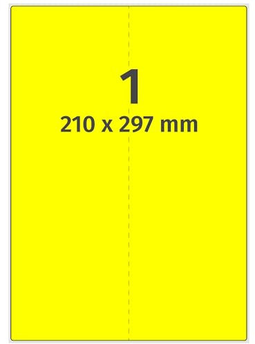 Labelident farbige Etiketten DIN A4 leuchtgelb - 210 x 297 mm - 100 Papier Farbetiketten auf 100 Blatt, Laser Etiketten farbig selbstklebend, bedruckbar, Trägerschlitzung