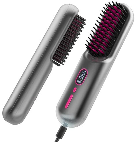 iTayga Brosse à lisser sans fil, brosse à lisser portable améliorée pour femme avec taille de voyage, peigne 2 en 1 à ions négatifs sans fil, peigne chaud rechargeable par USB, 10 000 mAh, gris