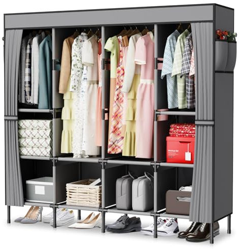LOEFME Kleiderschrank mit Vier Säulen, 170 x 45 x 175 cm Stoffschrank Stabil mit Seitentaschen, Faltbarer Kleiderschrank für Schlafzimmer und Ankleidezimmer, Grau