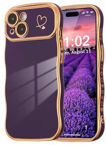 ZTOFERA Compatible with iPhone 15 Plus (6.7) Case for Girls Women, Cute Curly Wave Frame Shape Soft Silicone Case with Love Heart Pattern Camera Protection Golden Edging Shockproof Cover, Dark Violet