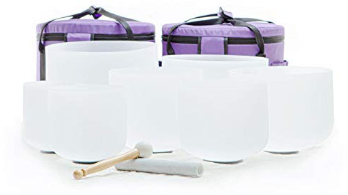 Leize Kristall-Klangschale mit Tragetasche, Weiß, 7 Stück, Größe 6-12 Zoll A-G Note 432 Hz