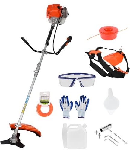 52cc Petrol Garden Brush Cutter, Grass Line Trimmer, Garden Strimmer Cordless Gas Powered Grass Trimmer for Garden Clearing Weeds Flower Trees, Plastic Handle & Shoulder Strap Included Orange