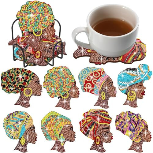 LYEAA 8-teiliges Untersetzer-Set, Obst-Acryl-Kunst-Set, Dinosaurier mit Halter, DIY, indische Frau, Traumfänger für Couchtisch, Bar, Tassen, Glas, Cu (BD265)