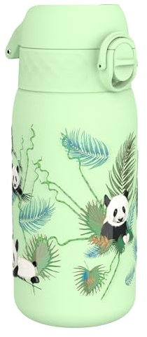 ION8 Gourde Enfant, Inox Léger, 400ml, Non Isolé, Anti-Fuite, Facile à Ouvrir, Verrouillage Sécurisé, Lavable au Lave-Vaisselle, Poignée de Transport, Acier Inoxydable, Motif Panda