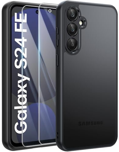 FLLAO Matt Handyhülle für Samsung Galaxy S24 FE Hülle und 2 Schutzfolie, mit Kameraschutz [Militärnorm Schutz] urchscheinende PC Rückseite TPU Bumper Hülle für Samsung Galaxy S24 FE 5G- Schwarz