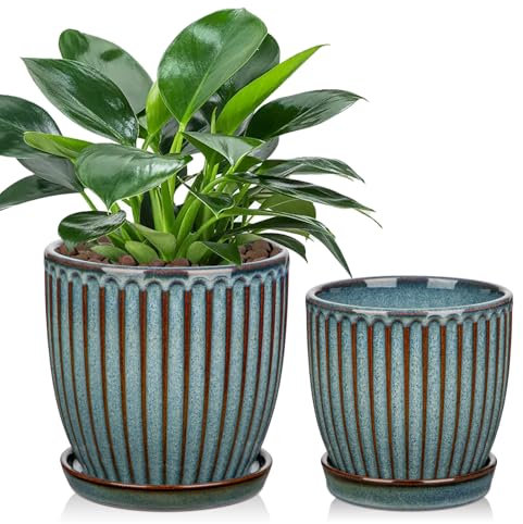 Oairse Lot de 2 pots de fleurs en céramique nervurés avec trous de drainage pour plantes d'intérieur, décoration rétro pour ensembles de pots de jardin, diamètre d'ouverture 15 cm/13 cm, bleu marine