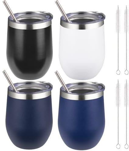 Vaso de vino aislado de 12 onzas con tapa y popote, vaso de vino de acero inoxidable sin tallo de doble pared, vaso de vino al vacío a granel para café, champaña, cóctel, oficina (negro/blanco/azul