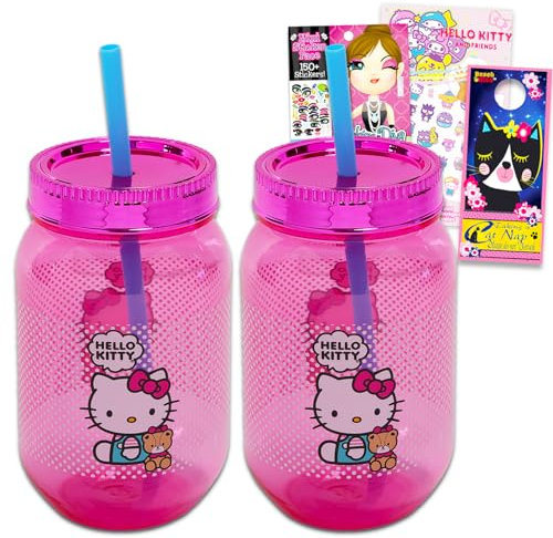 SANRIO Hello Kitty - Taza de agua para niñas, paquete con taza de Hello Kitty con tapa y popote para el hogar, más tatuajes, calcomanías, más | Taza de tarro de Hello Kitty Mason para niños
