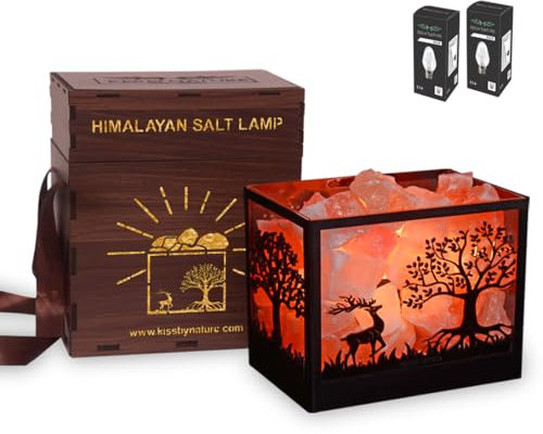 4-5 kg Himalayan Salt Lamp, Rectangular Metal Basket Night Light Lamp, Dimmer Switch and 2 Extra Bulbs with Unique Beautiful Wooden Box Gift for Birthday, Christmas, Anniversary, Home Decor