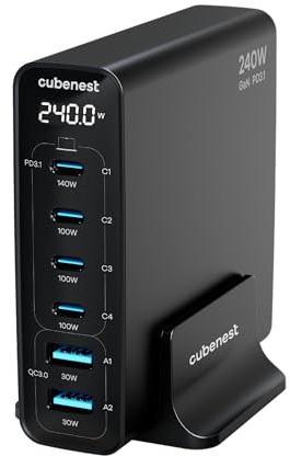 Cubenest 240W USB Ladestation | 2 x USB A + 4 x USB C Ladegerät mit LCD Display | GaN Ladegerät USB C | PD 3.1, 6-Port Power Adapter kompatibel mit MacBook Pro/Air, iPhone, Notebooks, Handys, Tablets