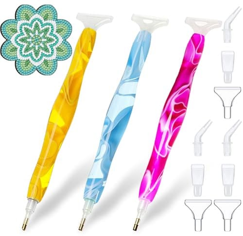 Saijer Diamond Painting Pen,3 Pcs Resin Diamond Painting Pen with 15 Nibs Nail Art Accessories Point Drill Pen Tools 5D Self Stick Drill Pen for Painting Embroidery Crystal (Blue, Yellow, Purple)