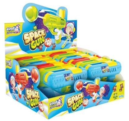 Space Gun Pop Display 12 Stück – Wiederbefüllbare Fruchtlutscher – Lollipop-Halter in Space-Gun-Form - Süßigkeiten mit Spielzeug – Perfekt für Kindergeburtstage, Mitgebsel & Partys