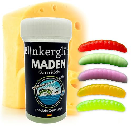 Blinkerglück Angeln Kunstköder-Maden 2cm – 50 Stück in praktischer Kunststoffdose mit Käsearoma (Farbmix (teilweise UV-Aktiv))