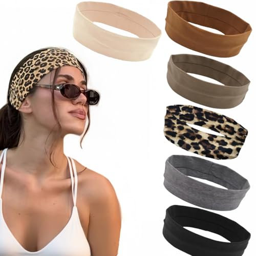 Sport-Stirnbänder für Damen, modisch, elastisch, Sport-Haarbänder für Damen, Haarverzug für tägliches Workout, Yoga, Laufen, Sport (Schwarz, Grau, Kaffee, Khaki, Leopardenmuster, Beige, Größe L)