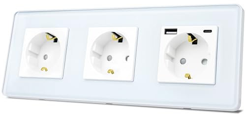 TAWOIA Schuko Steckdose, EU-Standard 3 Fach Steckdosen Mit 20W(MAX 4A) USB Schnelllade Schnittstelle Mit 2,5D Curved Glas Platte, Wandsteckdosen Weiß 86 * 228mm