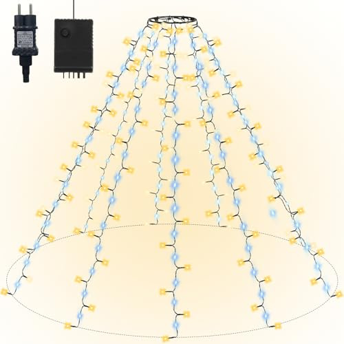 Gresonic 2M 8 Stränge Cluster Lichterkette mit Ring, 280LED Warmweiß and 168LED Kaltes Weiß alternating 8 modi Timer Fließendes Weihnachtsbaum Lichterkette Strombetrieb für Innen Außen