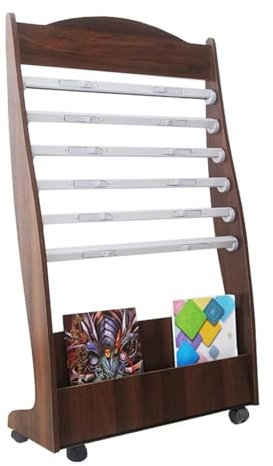 Porte-revues Porte-journaux simple, porte-journaux en bois, porte-revues sur pied, porte-livres vertical, porte-journaux en noyer avec six pinces à journaux et poulies porte-journaux