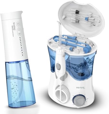 AQPRODUO Aquapik® PRO Professional Desktop Dental Irrigator + Aquapik® UltraCare One Portable Irrigator | Complete Oral Cleaning at Home and Travel | Removes Plaque + Cares for Your Implants and Or