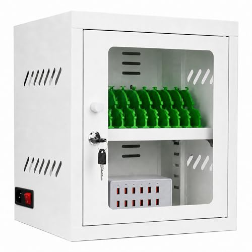 WENNEWU Mobile Phone Charging Cabinet, Lockable USB-A Phone Charging Station with Clear Acrylic Door, UK Plug and Key Lock, Desktop Phone Storage Cabinet for Classroom Office Library
