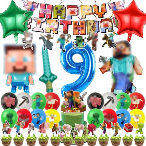 Huangzd 54 Stück Pixe Geburtstagsdeko, Ballons Party Deko | Luftballons Geburtstag Set, Kindergeburtstag Folienballon, Geburtstag Party Deko Ballons Set für Erwachsener