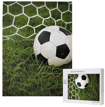 Green Grass Soccer Printed Jigsaw Puzzle with Storage Box, Wooden Puzzle for Adults and Kids, 500 Pieces Family Fun Decorative Game