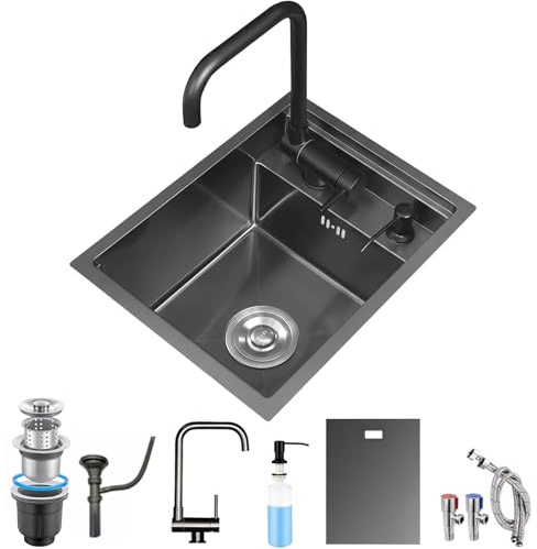 Fregadero de cocina oculto pequeño multifuncional negro de acero inoxidable con juego de grifo, práctico fregadero con tapa y desagüe (negro(A), 35 x 45 x 22 cm