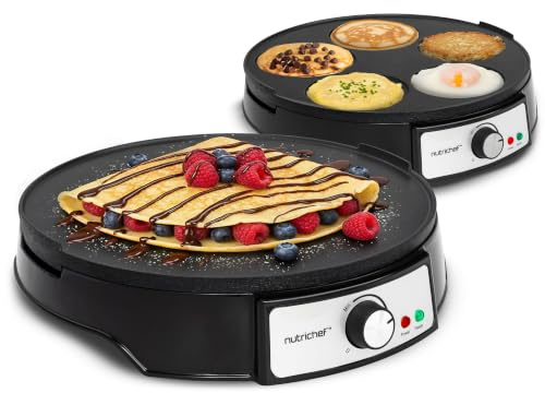 NutriChef Pancake Maker Electric Crepe Machine – Non-Stick Reversible 30 cm Hot Plate with Temperature Control & LED Light, Cook Crepes, Eggs, Omelettes | Includes Batter Spreader & Wooden Spatula