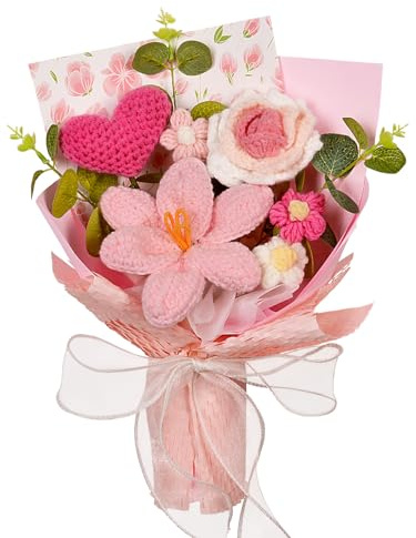 Wishwell Pop Crochet Flower Bouquet, Love Heart Rose Tulip, Pink | Handmade Knitted Flower Gift for Girlfriend, Wife, Loved Ones on Valentine's Day, Engagement, Wedding, Anniversary, Birthday