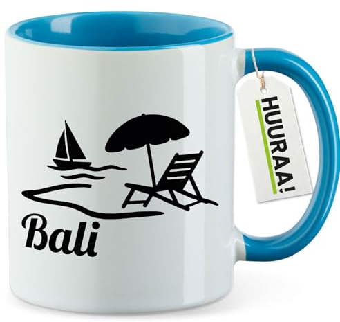 Huuraa Kaffeetasse Bali Inselmotiv Indonesien Geschenk | Motivtasse 330ml Blau Keramik Tasse mit Spruch Kaffeebecher Geschenkidee Becher mit Motiv