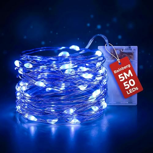 Rainberg LED Fairy Lights, 5M 50LEDs Battery Powered, Waterproof Copper Wire, DIY Bendable for Indoor and Outdoor, Wedding, Party, Christmas and Home Decoration (Blue)