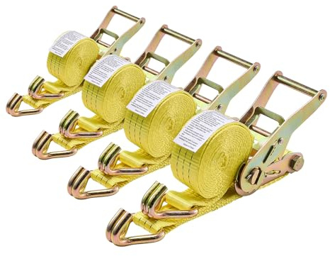 VEVOR Sangle à Cliquet 3,8 cm x 3 m Sangle d'Arrimage Lot de 4 Sangles de Chargement Fixation pour Déménagement Remorques Motos Kayaks Toit Voiture, avec Crochet Double J Résistance à Rupture 3000 kg