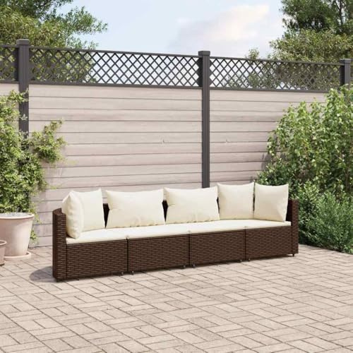 QUAHEAS 4-TLG. Garten-Sofagarnitur, Braun Poly Rattan Lounge-Set mit Cremeweißen Kissen, Modulares Outdoor Möbel Set für Terrasse, Balkon