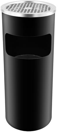 juunyeer 30L Outdoor Rubbish Bin with Ashtray Lid, 25 * 61cm Stainless Steel Outdoor Dustbins Trash Can, Black Round Commercial Waste Dustbin for Pub, Patio, Garden & Office Shopping Mall Hotel Lobby