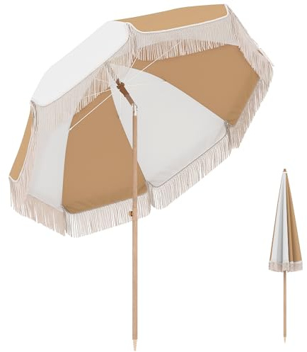 Outsunny Parasol de plage 1,7 m, parasol de jardin inclinable avec ancrage au sable, franges et hauteur réglable, sac de transport, protection solaire UPF 30+, blanc et beige